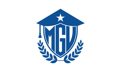 MGU three letter iconic academic logo design vector template. monogram, abstract, school, college, university, graduation cap symbol logo, shield, model, institute, educational, coaching canter, tech