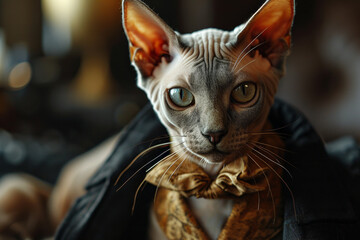 Beautiful portrait of a domestic sphinx cat in an elegant suit with a close-up