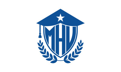MHU three letter iconic academic logo design vector template. monogram, abstract, school, college, university, graduation cap symbol logo, shield, model, institute, educational, coaching canter, tech