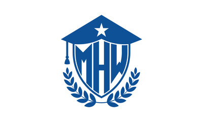 MHW three letter iconic academic logo design vector template. monogram, abstract, school, college, university, graduation cap symbol logo, shield, model, institute, educational, coaching canter, tech