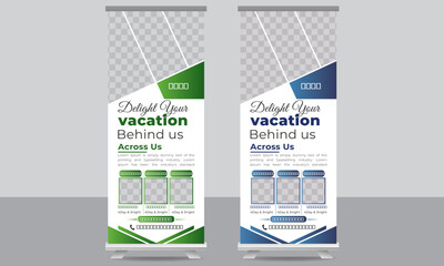 Travel vacation roll up banner design.Abstract modern roll up background template