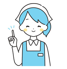 水色｜指差しをする三角巾の女性店員｜エプロン