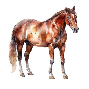 Isolated horse on transparent isolate, horse collection watercolor painting, horse clipart, printable animal sticker, children's book illustration
