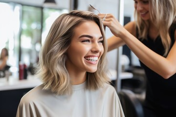 Female hairdresser is fixing hair of smiling woman
