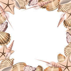 Vector frame of sea shells in pastel colors on a white background. Marine template for signs, cards, banners, summer designs.