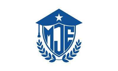 MJE three letter iconic academic logo design vector template. monogram, abstract, school, college, university, graduation cap symbol logo, shield, model, institute, educational, coaching canter, tech