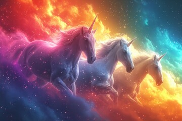 Full shot, unicorn on rainbow sky background. Generative AI. - obrazy, fototapety, plakaty