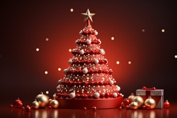 Cozy Red Christmas Tree with Warm Lights, on an isolated Winter Red background, Generative AI