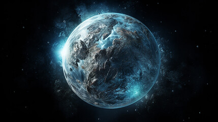 frozen planet in space isolated on black background illustration of blue atmosphere