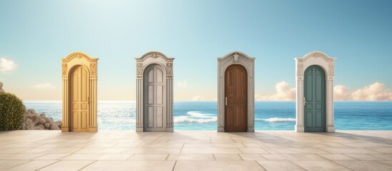 illustration of a door with an outdoor view of the beach. Travel concept