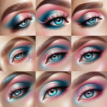Series of stunning eye shadow makeup looks using the trans colors light blue, pink, and white