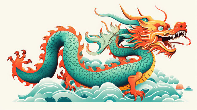 mythical oriental dragon illustration surrounded by whimsical clouds for lunar new year greetings and asian themed designs, isolated white background