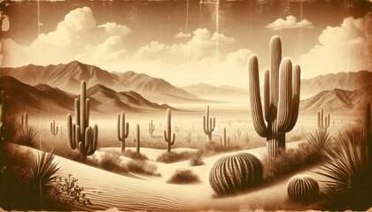A sepia-toned desert landscape with cacti, illustration.