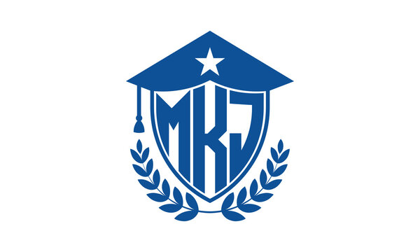 MKJ three letter iconic academic logo design vector template. monogram, abstract, school, college, university, graduation cap symbol logo, shield, model, institute, educational, coaching canter, tech