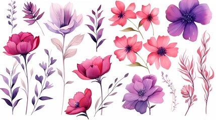 Fototapeta na wymiar illustration Red and purple flowers, leaves clip art watercolor flowers. generative ai