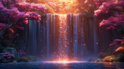 A dynamic waterfall scene with iridescent hues and mist. - obrazy, fototapety, plakaty