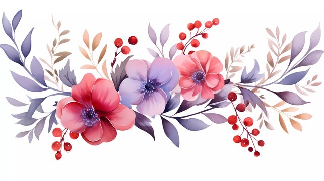 illustration Red and purple flowers, leaves clip art watercolor flowers. generative ai