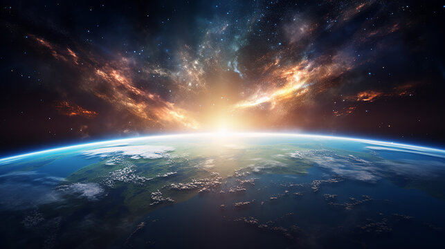 panoramic view of the earth sun star and galaxy sunrise over planet earth, view from space