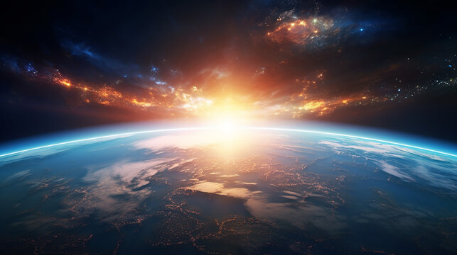 panoramic view of the earth sun star and galaxy sunrise over planet earth, view from space