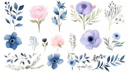 illustration Pink and blue flowers, leaves watercolor flower clip art. generative ai