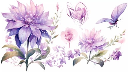 Fototapeta na wymiar Watercolor illustration of purple flowers, flower clip art. Bouquet of peonies. generative ai