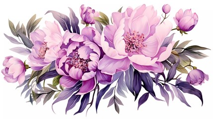 Watercolor illustration of purple flowers, flower clip art. Bouquet of peonies. generative ai - obrazy, fototapety, plakaty