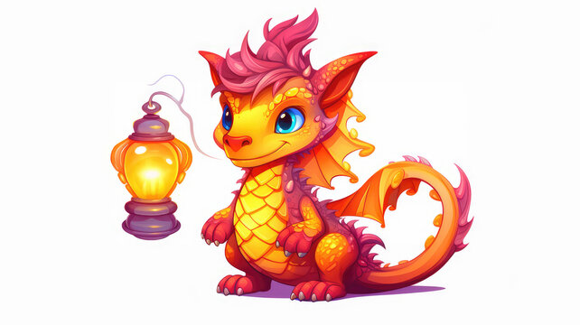 vibrant orange young dragon with magical lantern illustration for children's storybooks and fantasy art, isolated white background. high resolution digital image