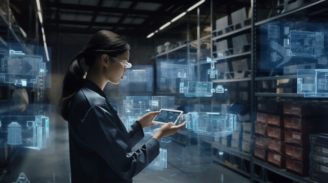 a futuristic technology warehouse concept where a female worker engages in inventory management