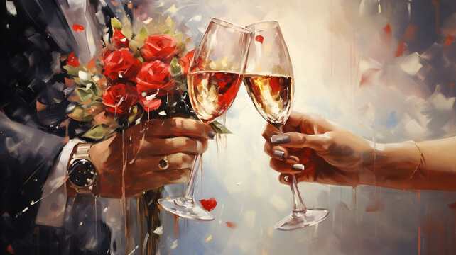 two glasses of wine, Valentine's Day celebration.