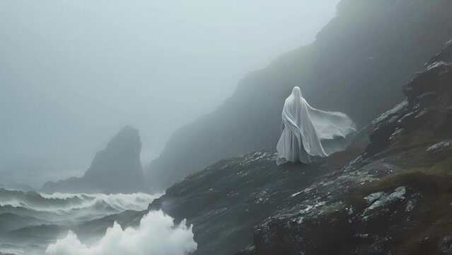 A ghostly figure emerges from the mistcovered edge of a windswept cliff, their haunting melody sending chills down the spine of anyone who hears it. Fantasy animatio