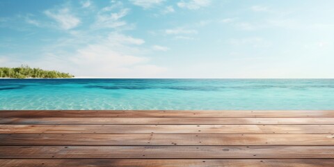 Fototapeta premium Vacation concept: Wood table at seaside resort with space for product display mockup.