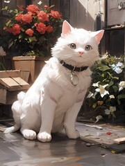 白い猫と花