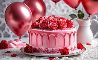 Valentine's Day themed cake, heart-shaped with pink and red icing, adorned with edible glitter and delicate sugar roses, placed on a white lace tablecloth, a blur of red and pink balloons. Generative 