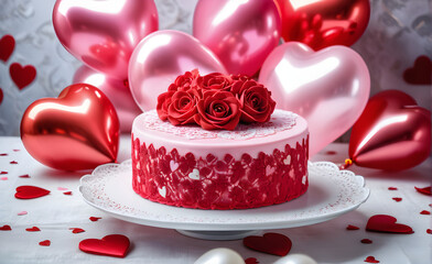 Valentine's Day themed cake, heart-shaped with pink and red icing, adorned with edible glitter and delicate sugar roses, placed on a white lace tablecloth, a blur of red and pink balloons. Generative 