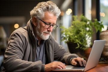 Grandfather with a thoughtful expression, engaging in virtual meetings on his laptop from his cozy home workspace, Generative AI