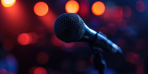 Professional microphone, blue and red lights bokeh background, space for copy