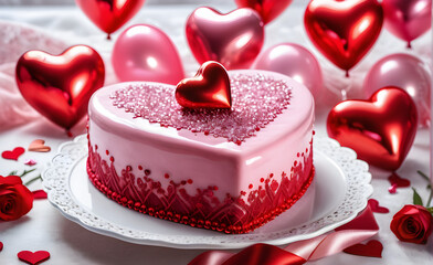 Valentine's Day themed cake, heart-shaped with pink and red icing, adorned with edible glitter and delicate sugar roses, placed on a white lace tablecloth, a blur of red and pink balloons. Generative 