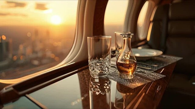As the private jet soars through the sky, the decanter and glasses on board offer a sense of comfort and luxury. With the city as a picturesque backdrop, this image evokes feelings of indulgence