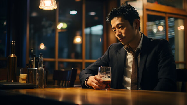 居酒屋・バーでやけ酒を飲む・飲酒するサラリーマン（酔っ払い・酔う・お酒・アルコール）
