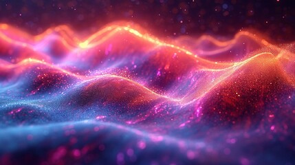 Shimmering, fluid neon wave in 3D, set against a colorful, holographic backdrop. Lifelike HD camera realism.