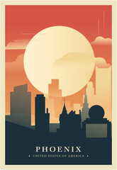 Phoenix city brutalism poster with abstract skyline, cityscape. USA Arizona state retro vector illustration. US travel front cover, brochure, flyer, leaflet, presentation template, layout image