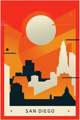 Obraz premium San Diego city brutalism poster with abstract skyline, cityscape. USA California state retro vector illustration. US travel front cover, brochure, flyer, leaflet, presentation template, layout image