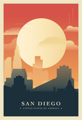 Obraz premium San Diego city brutalism poster with abstract skyline, cityscape. USA California state retro vector illustration. US travel front cover, brochure, flyer, leaflet, presentation template, layout image