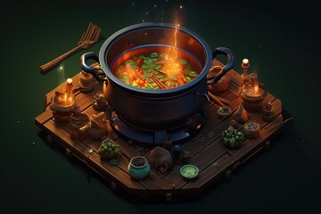 Cute cartoon isometric witch's cauldron in which a potion is brewed
