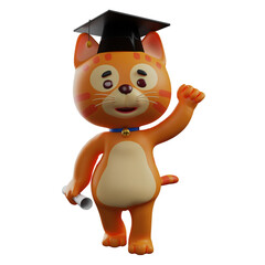    3D illustration. 3D Cartoon Cat Design for Graduation Day. wearing a toga hat. carrying a roll of paper in hand. 3D Cartoon Character