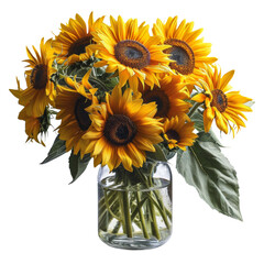 Sunflowers on Vase Isolated on Transparent or White Background, PNG