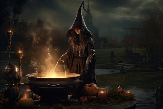 Cute cartoon witch brews a potion in a cauldron, around a candle, pumpkin on a dark background