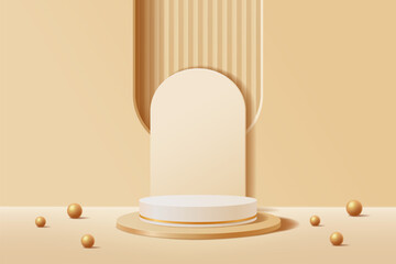 3D white and gold cylinder pedestal podium with a backdrop of geometric abstract arched window