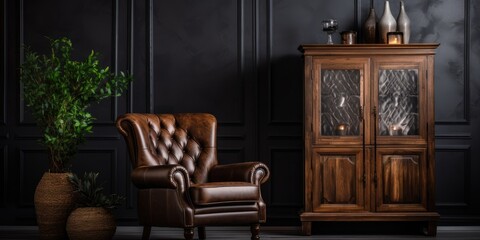 Opulent cozy lounge with vintage armchair, modern interior, and decorative wooden cupboard.