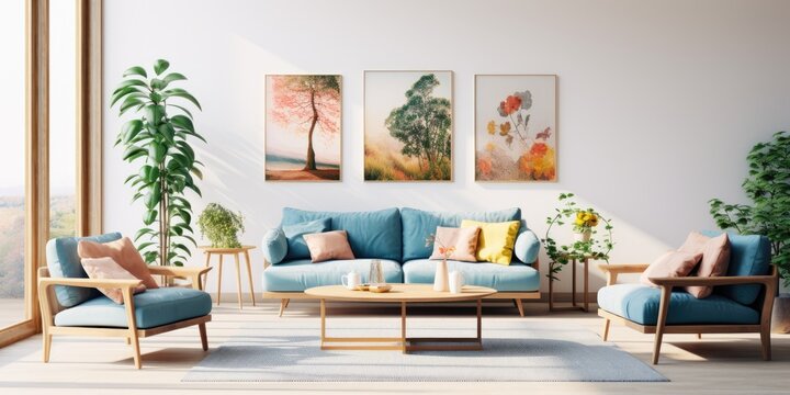 Bright living room interior with blue sofa, armchairs, plants, wooden table, and colorful carpet, showcasing a simple gallery of posters on the wall.